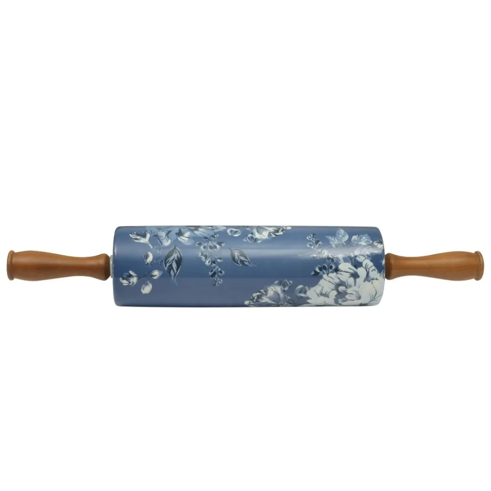 ❤️ New 2025 Pioneer Woman Delilah Blue Ceramic Rolling Pin With Olivewood Handle